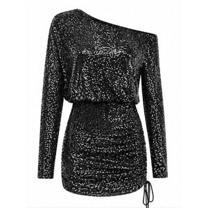 Free People Black Sequin One Shoulder Ruched Mini Dress XS Glam Rock